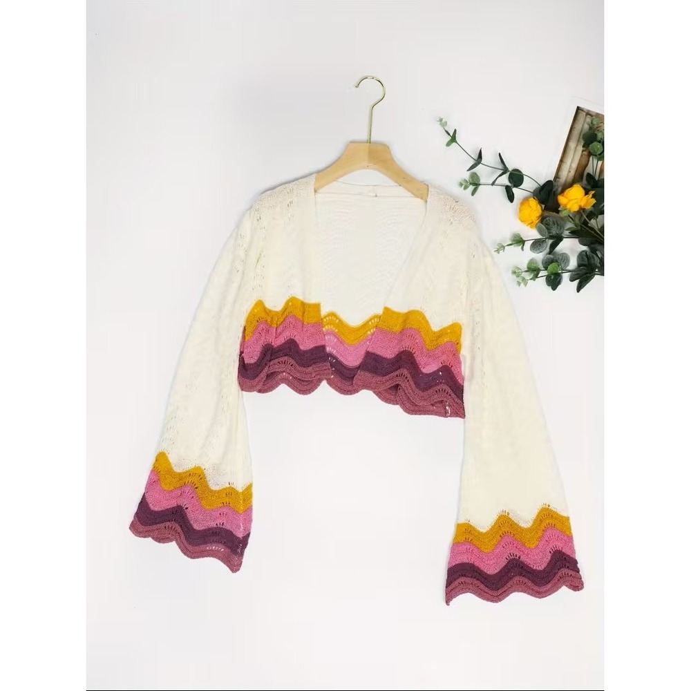 Unbranded Boho Pointelle Knit Cropped Shrug Bell Sleeve Chevron Cardigan NEW XL